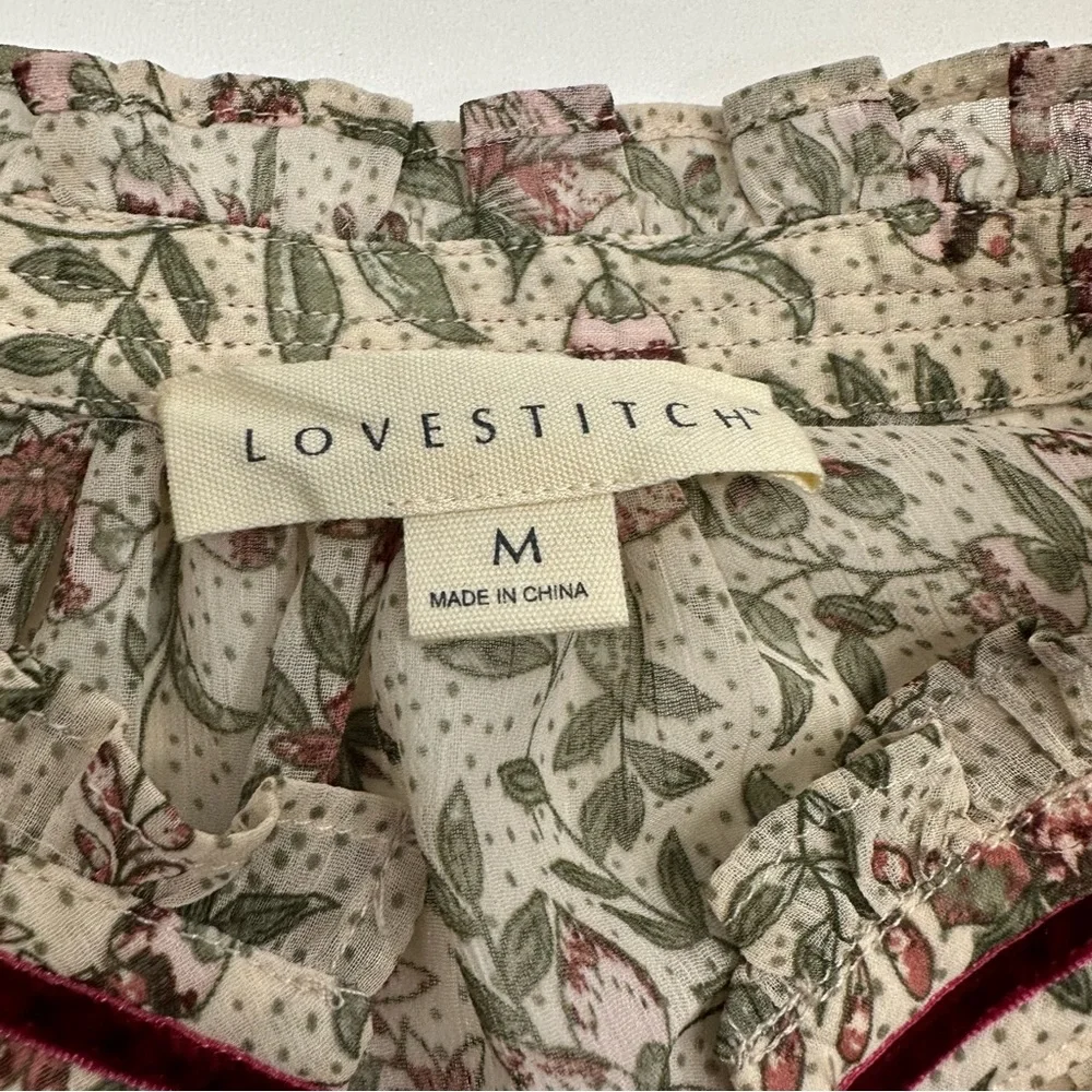 Lovestitch Floral Paisley Satin Smocked Ruffled Mock V Neck Dress Womens Size M